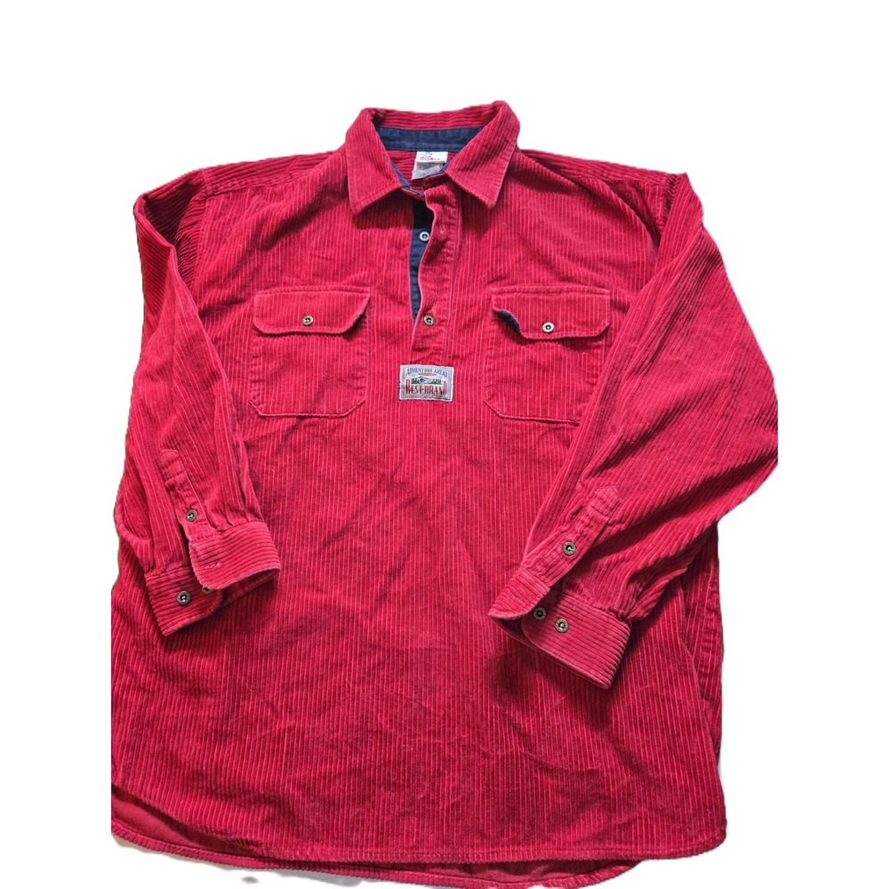Vintage Disney Men's Red Corduroy Pullover Shirt Mickey Donald Goofy Skiing L